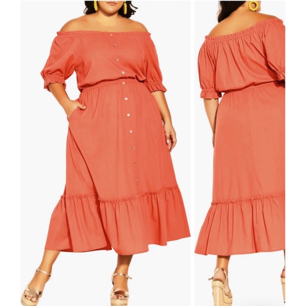 City Chic Coral Off-Shoulder Button-Front Midi Dress